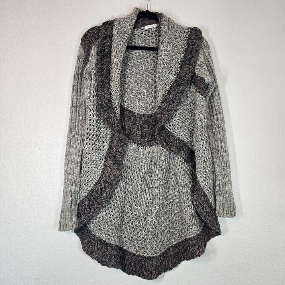 CAbi Knit Cardigan Women Small Open Front Gray Cotton Collar Round Hem Boho